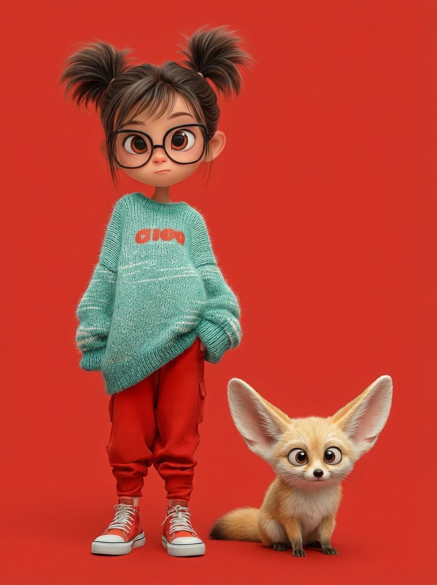 Illustration AI image prompt preview: A cute 3D Pixar-style character portrait of a little girl with big expressive eyes and round glasses, soft (image 2)