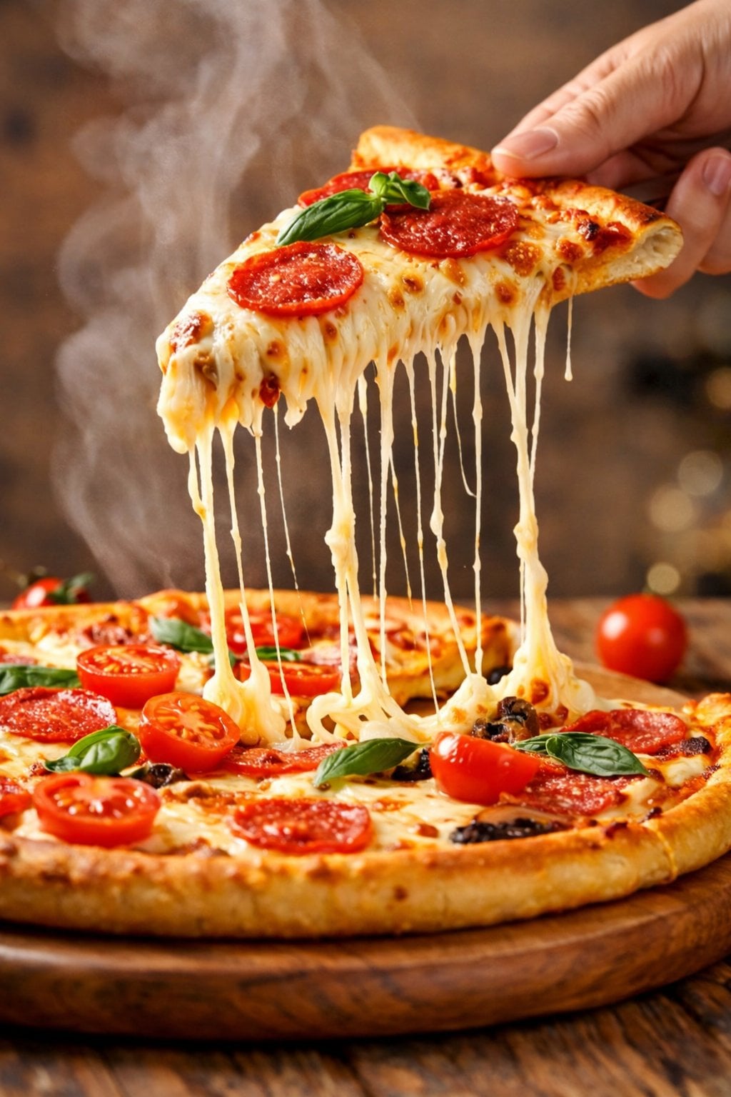 Cinematic / Film Still AI image prompt preview: A hyper-realistic, cinematic close-up of a freshly baked pepperoni pizza slice being lifted from the pie,