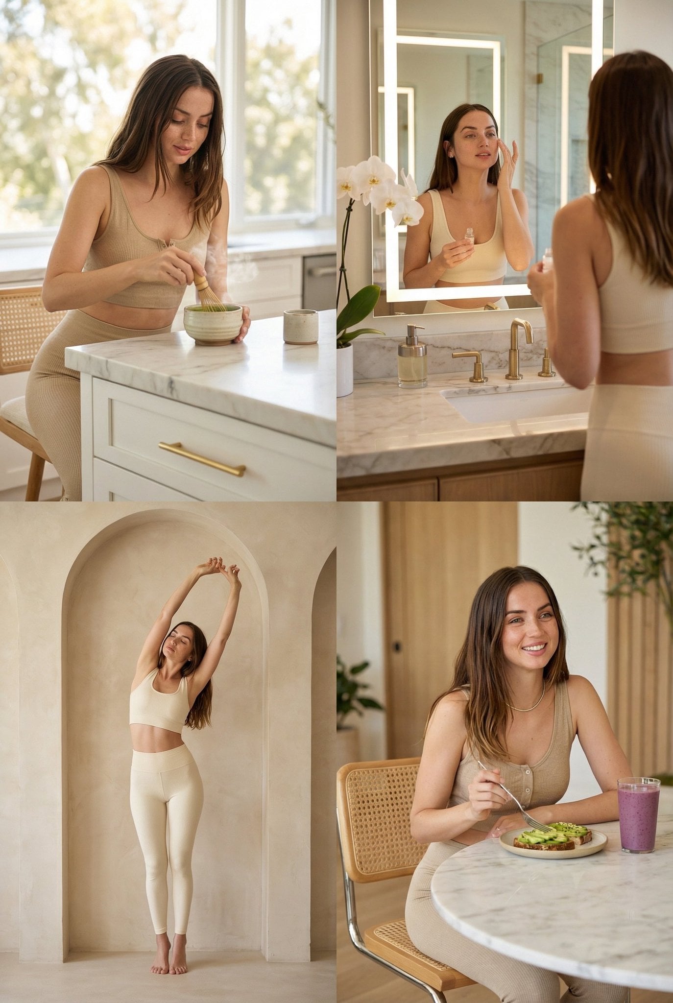 Photography AI image prompt preview: A curated series of four ultra-photorealistic vignettes showcasing a luxurious, wellness-focused lifestyle