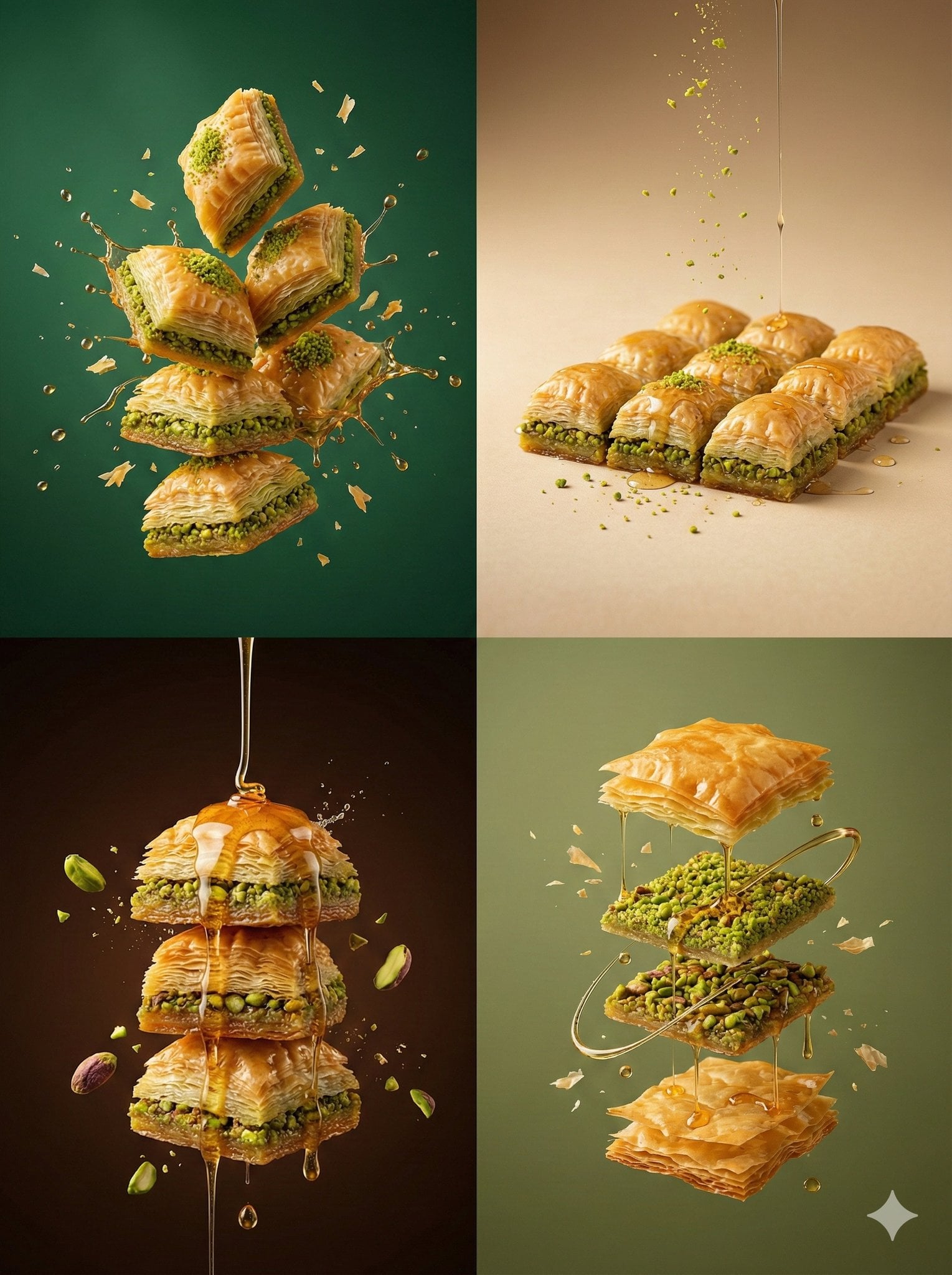 Photography AI image prompt preview: A dramatic stack of classic pistachio baklava with flying syrup droplets