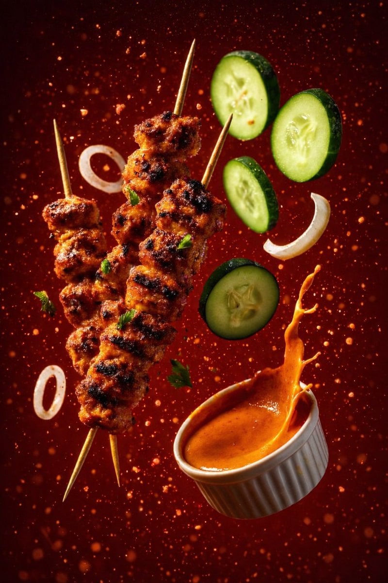 Photography AI image prompt preview: three grilled meat skewers (image 3)