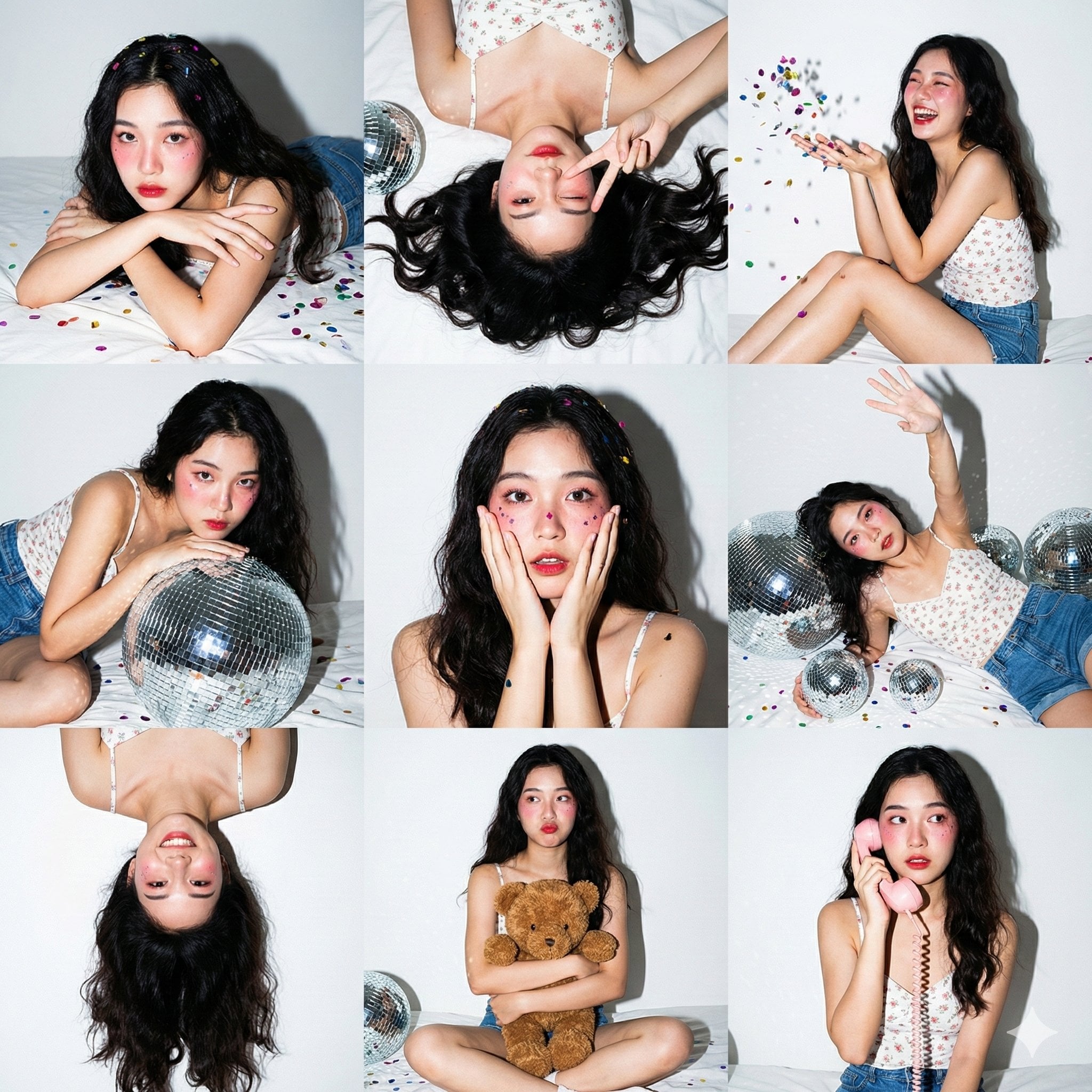 Photography AI image prompt preview: 3x3 Photo Collage / 9-Panel Grid.", "layout": "Nine vertical portrait images arranged in a square grid.",