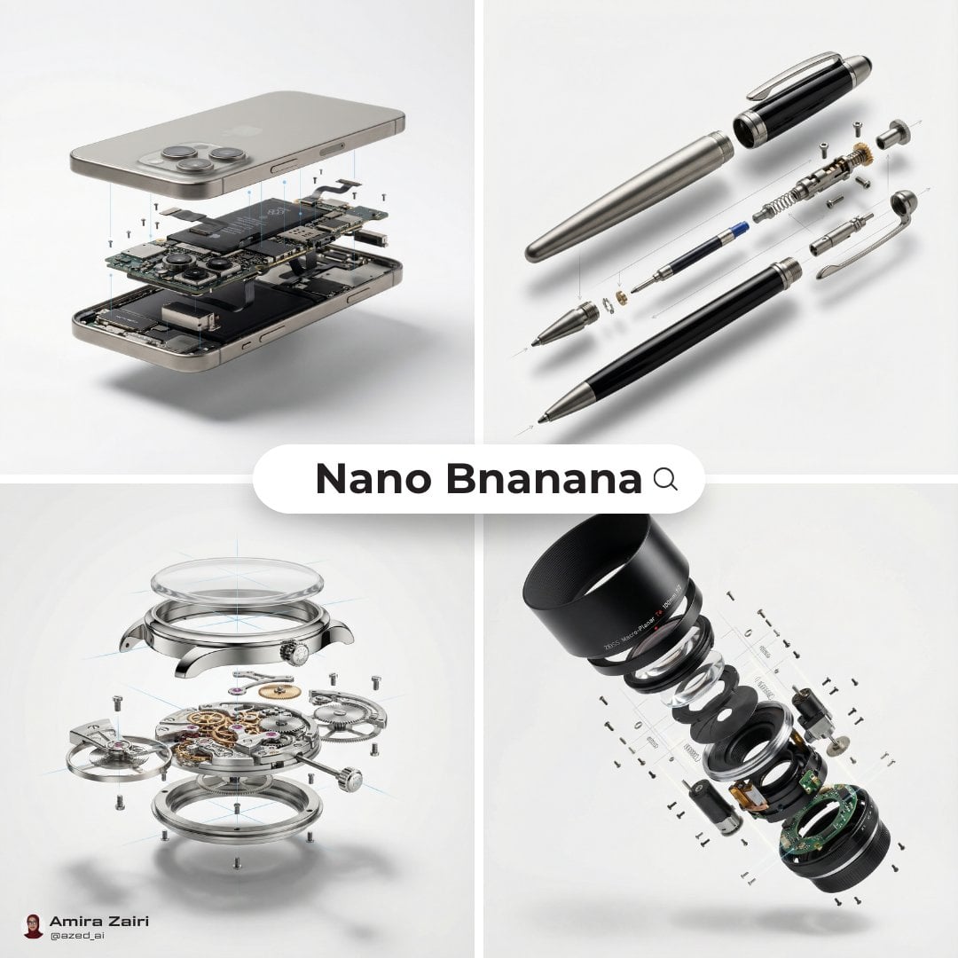 Photography AI image prompt preview: Create an exploded products with inner mechanics [product], high-end product advertising, white seamless