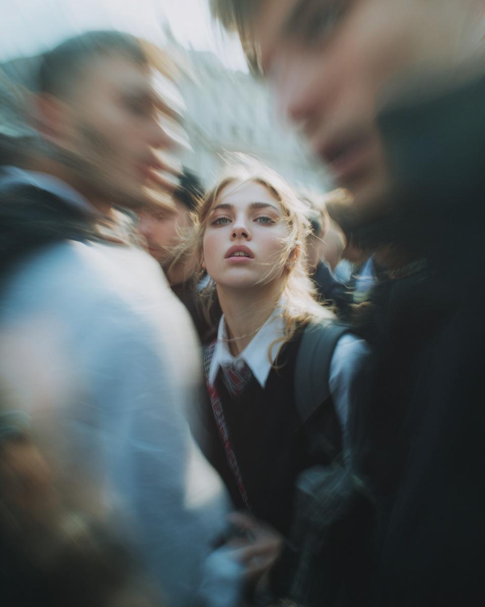 Photography AI image prompt preview: Paparazzi-style extreme close-up photo of a woman with striking facial features, caught off-guard while