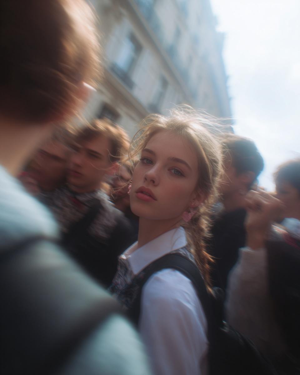Photography AI image prompt preview: Paparazzi-style extreme close-up photo of a woman with striking facial features, caught off-guard while (image 2)