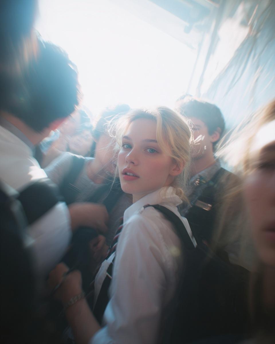 Photography AI image prompt preview: Paparazzi-style extreme close-up photo of a woman with striking facial features, caught off-guard while (image 3)