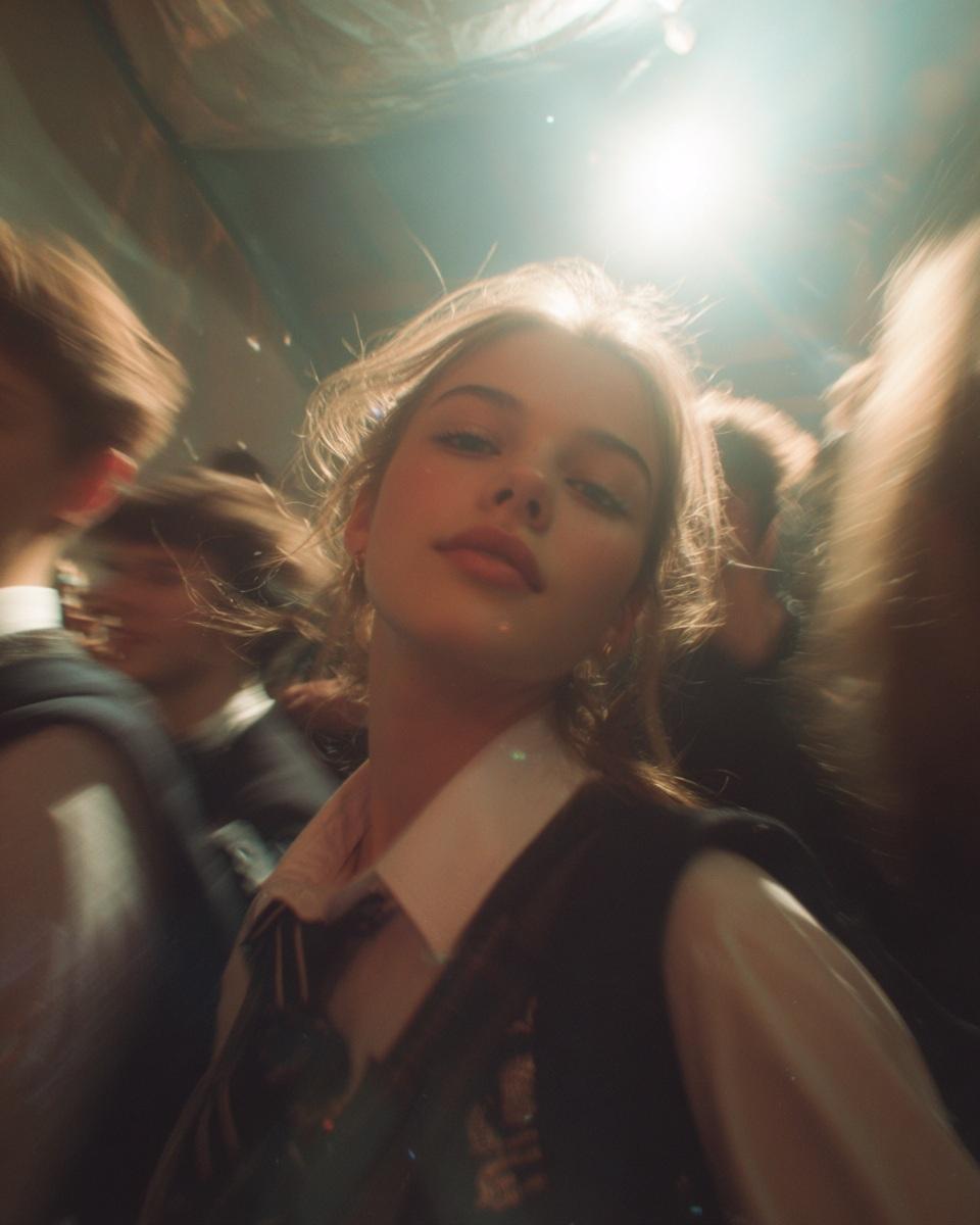 Photography AI image prompt preview: Paparazzi-style extreme close-up photo of a woman with striking facial features, caught off-guard while (image 4)