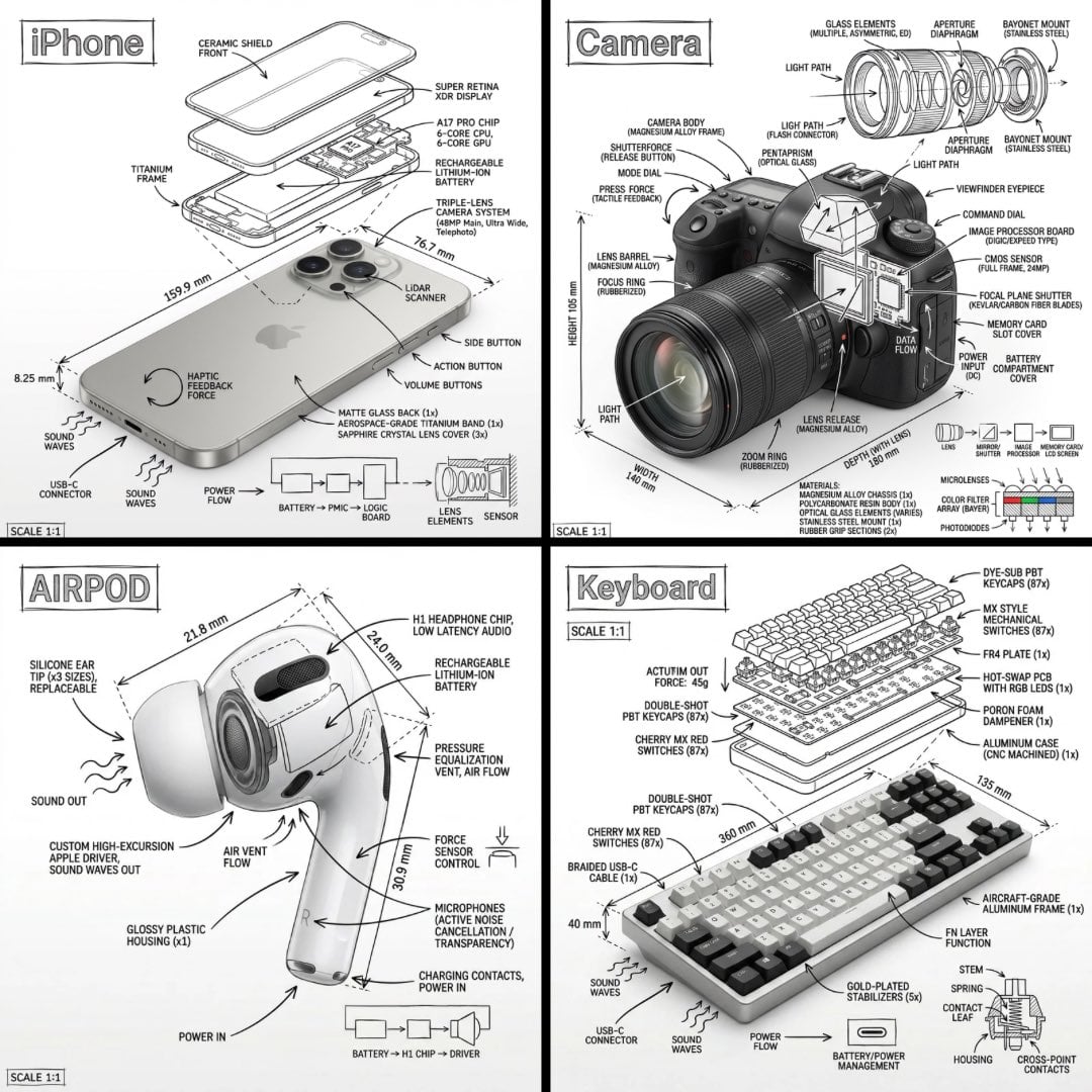 Photography AI image prompt preview: Create an infographic image of [OBJECT], combining a realistic photograph or photoreal render of the object
