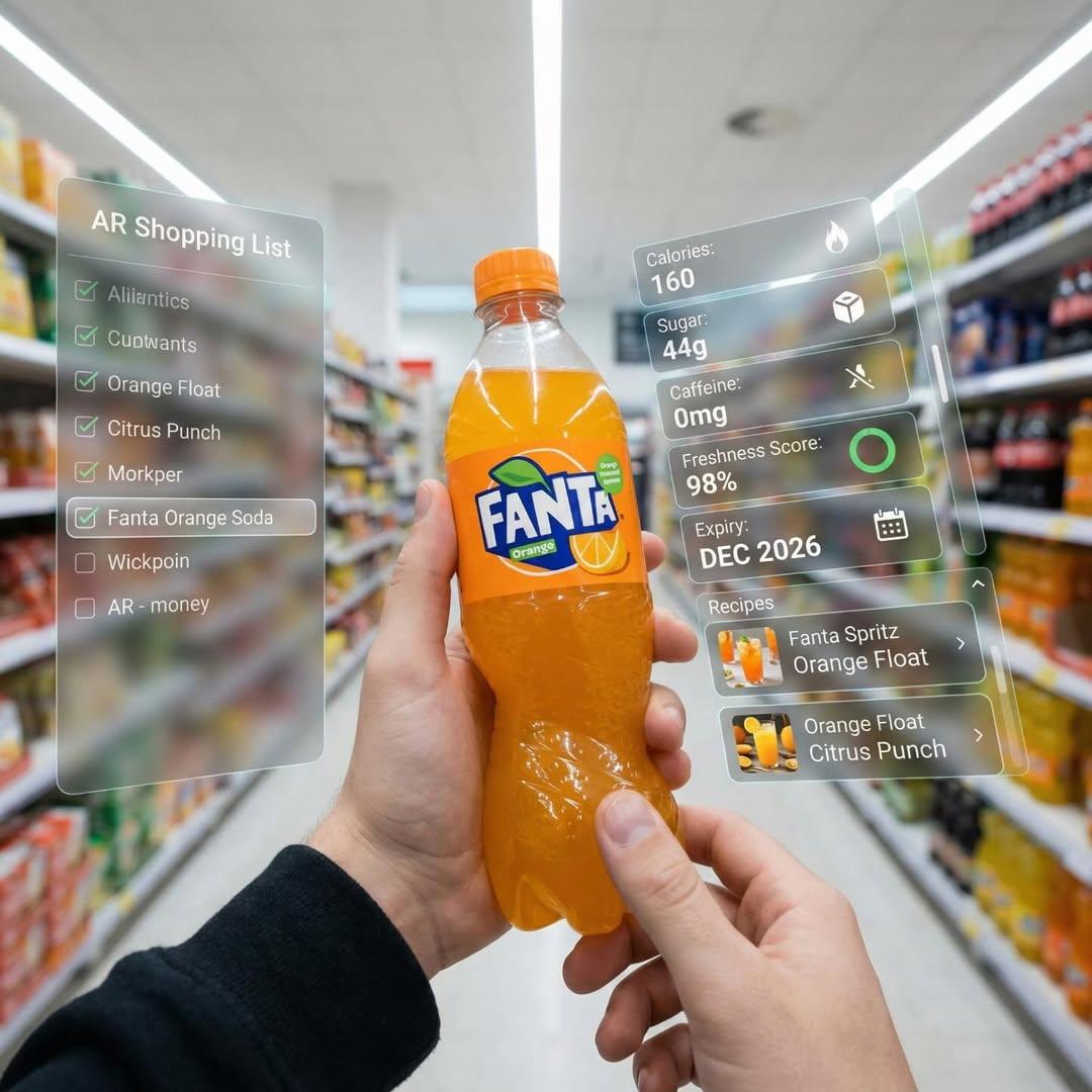 Product AI image prompt preview: First-person perspective inside a brightly lit supermarket aisle