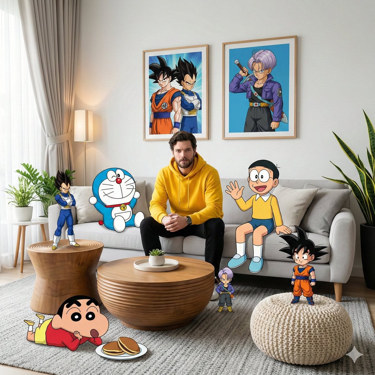 Illustration AI image prompt preview: - A high-fidelity, wide-angle interior shot captures a surreal, mixed-media composition within a modern