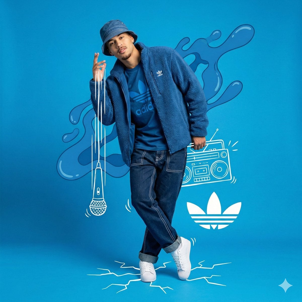 Photography AI image prompt preview: A full-body studio portrait of a young man posing dynamically against a solid bright blue background (image 2)