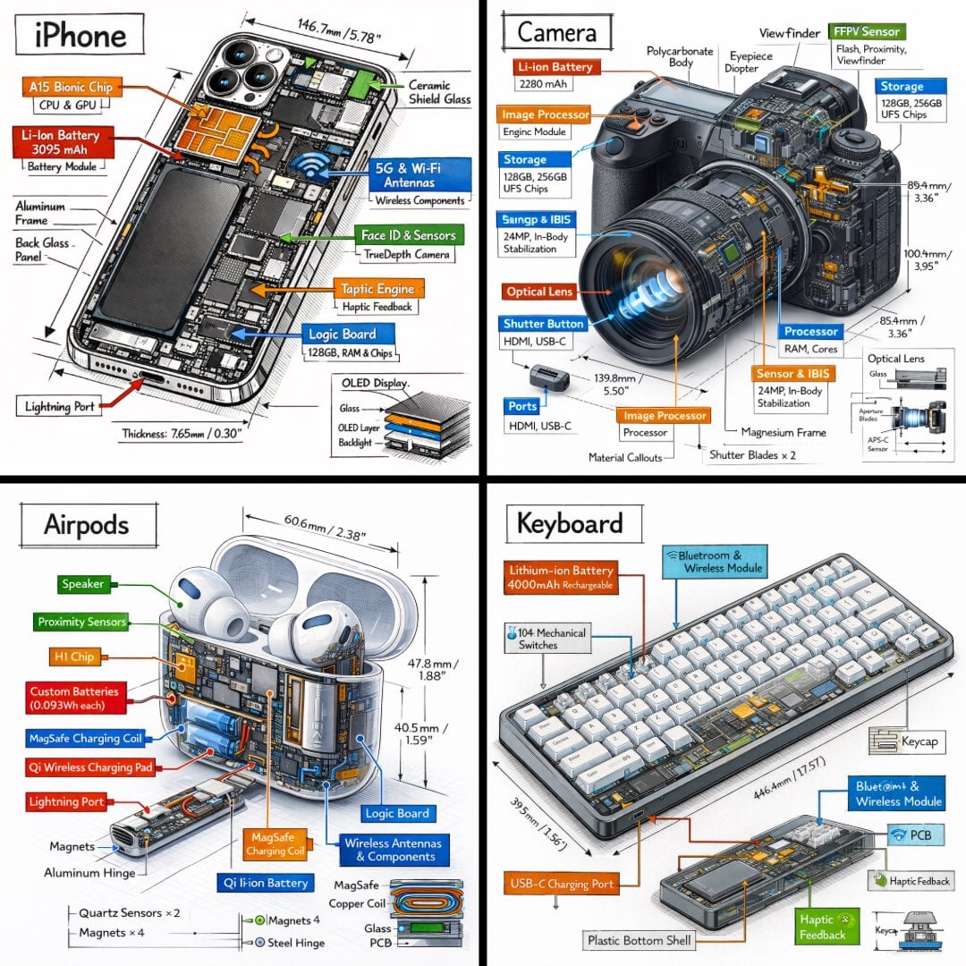 Photography AI image prompt preview: Create a technical infographic of [OBJECT] with a 45-degree isometric 3D perspective showing the device
