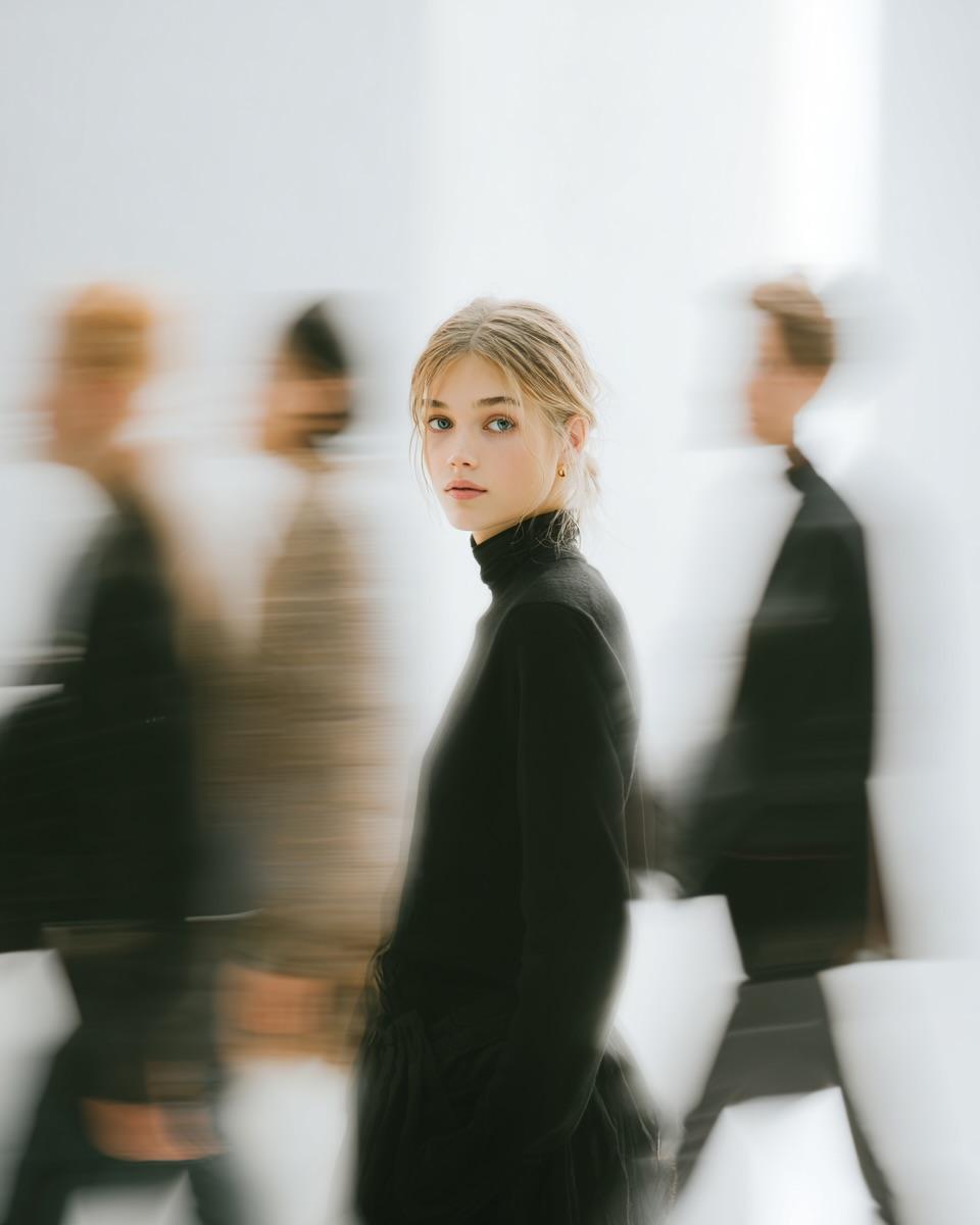 Photography AI image prompt preview: A high fashion magazine pictorial of an Alpine-looking woman in her early 20s who stands still, looking at