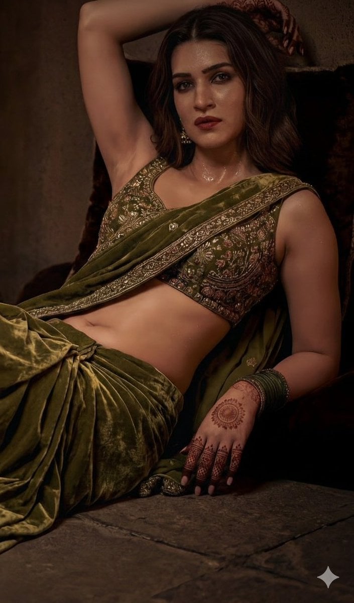 Photography AI image prompt preview: A detailed, high-fashion studio photograph of a woman posing gracefully, wearing a luxurious olive green (image 4)