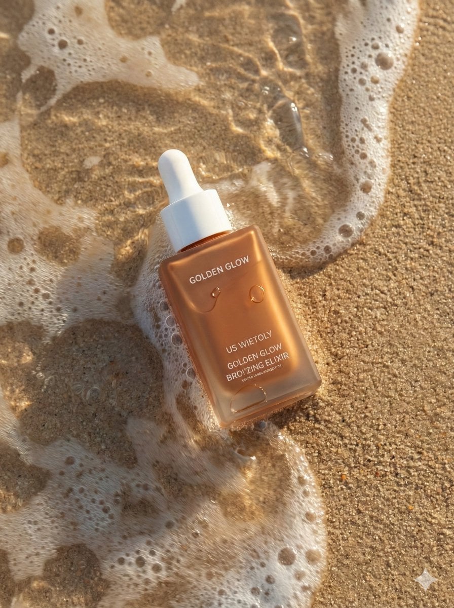 Photography AI image prompt preview: Ultra-realistic summer skincare product photography of a bronzing drop bottle named "Golden Glow - Bronzing (image 2)