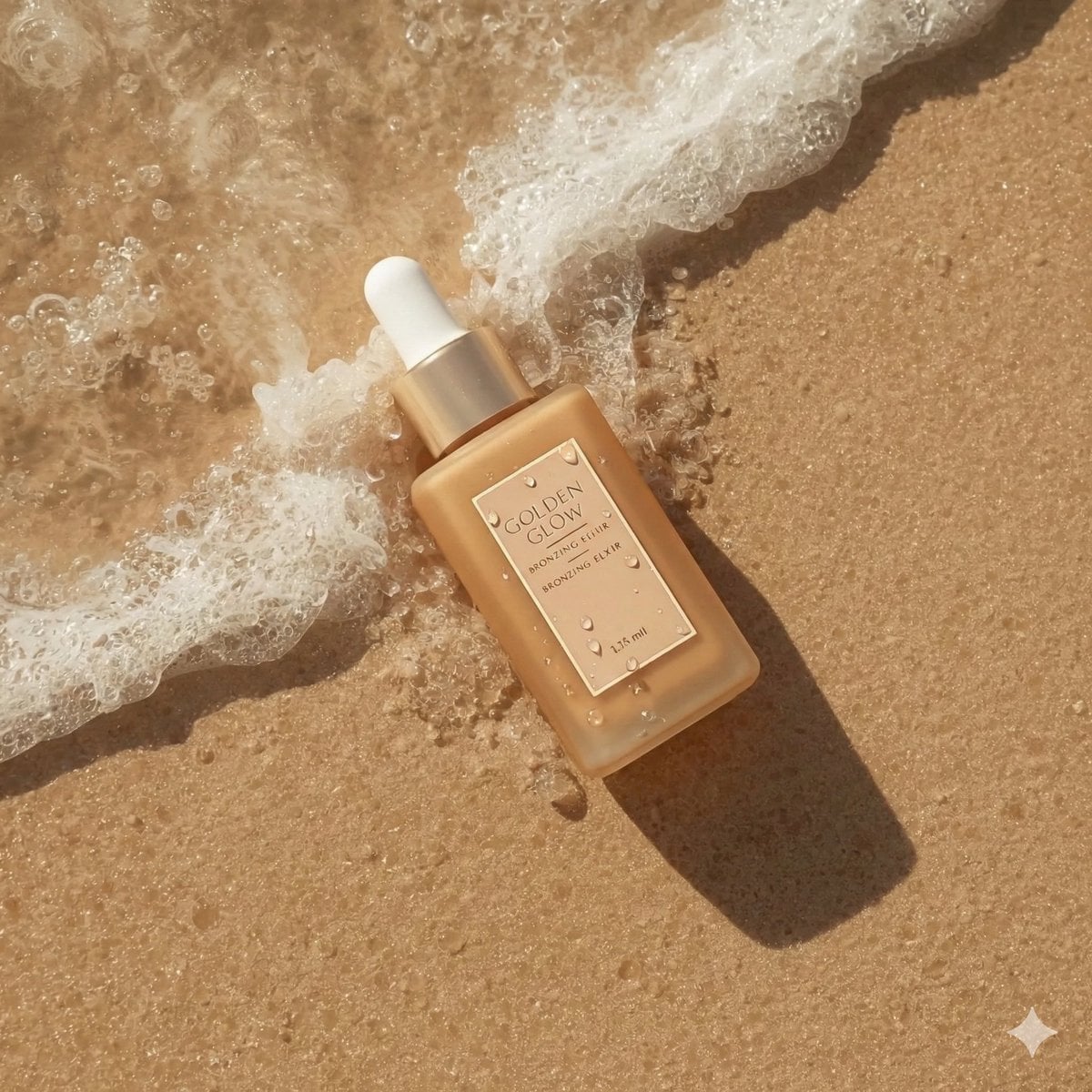 Photography AI image prompt preview: Ultra-realistic summer skincare product photography of a bronzing drop bottle named "Golden Glow - Bronzing (image 3)