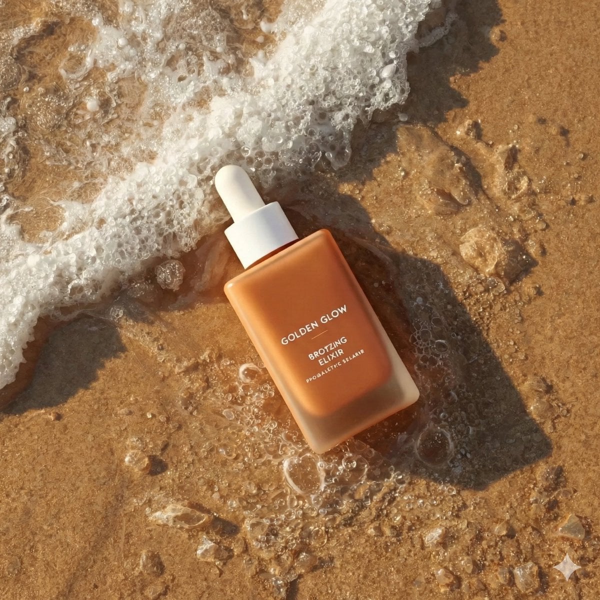 Photography AI image prompt preview: Ultra-realistic summer skincare product photography of a bronzing drop bottle named "Golden Glow - Bronzing (image 4)