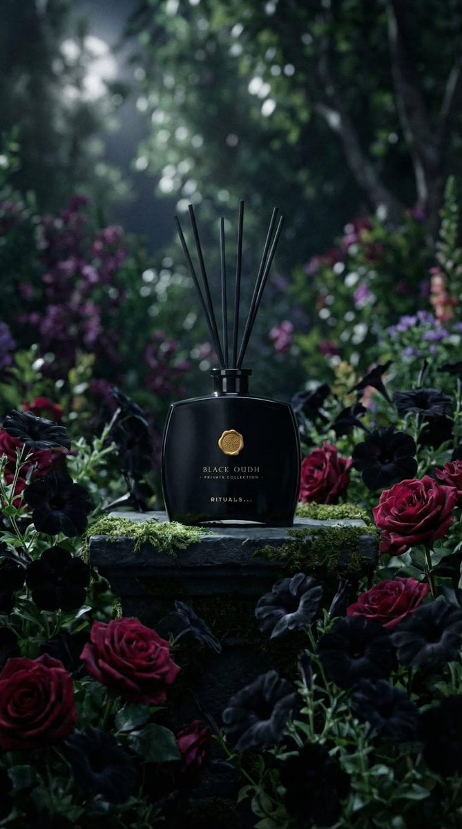 Photography AI image prompt preview: Ultra-realistic luxury product photography of a black glass reed diffuser bottle labeled “BLACK OUDH – (image 2)