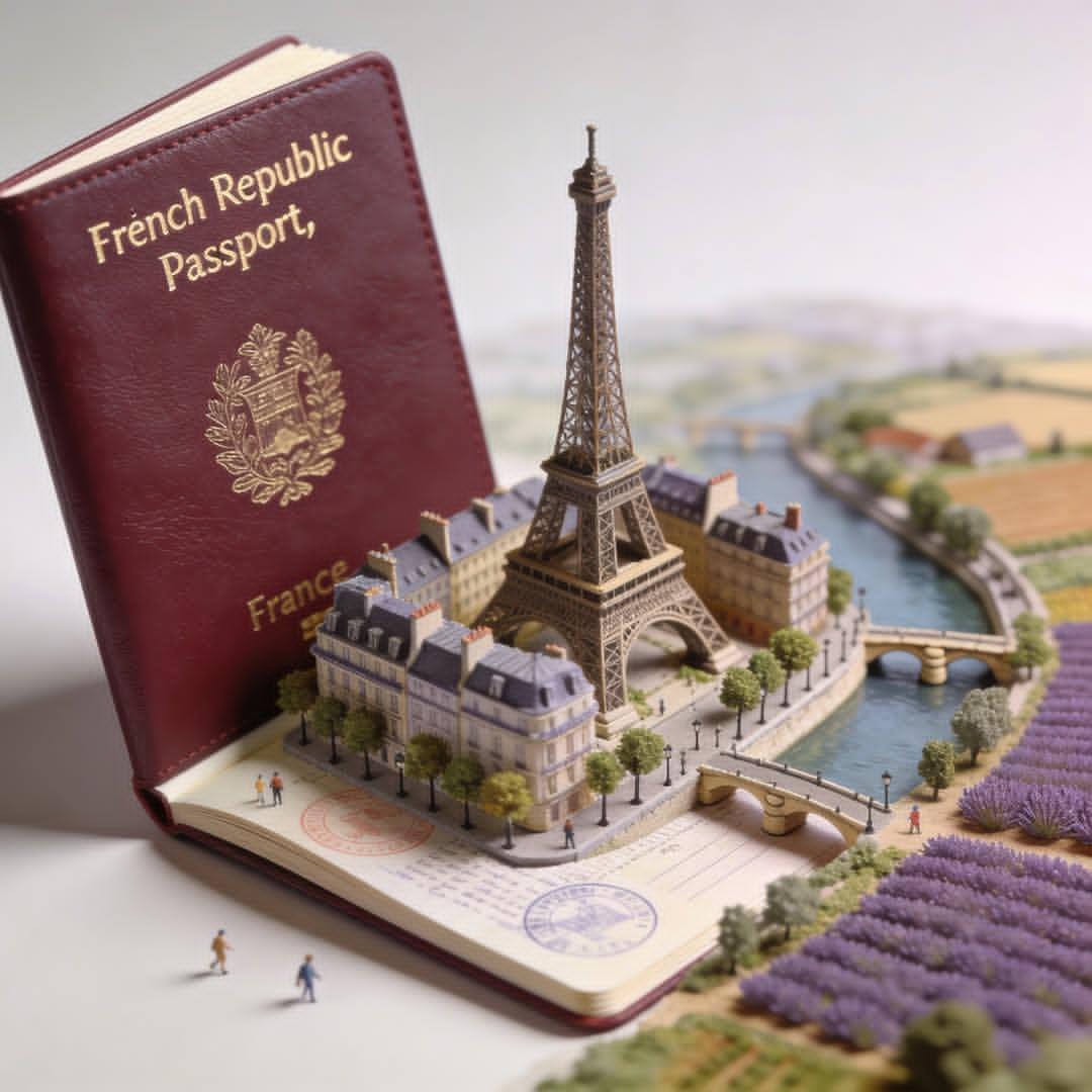 Illustration AI image prompt preview: Hyper-realistic open [COUNTRY] passport on a studio surface, with gold-embossed “[Official Passport Name]” (image 4)