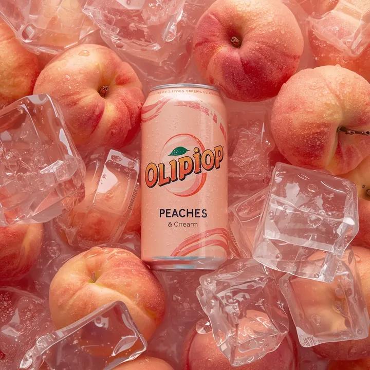 Photography AI image prompt preview: Ultra-realistic commercial product photography of a pastel peach-colored soda can labeled “OLIPOP – Peaches (image 2)