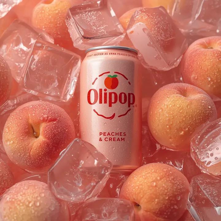 Photography AI image prompt preview: Ultra-realistic commercial product photography of a pastel peach-colored soda can labeled “OLIPOP – Peaches (image 3)