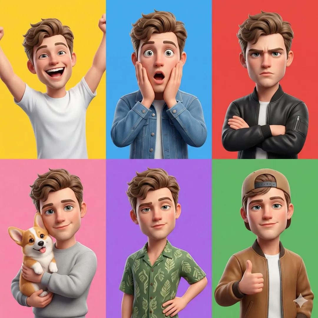 Illustration AI image prompt preview: A 3D Pixar-style animated young male character showcased in a 6-panel grid layout, each panel featuring a