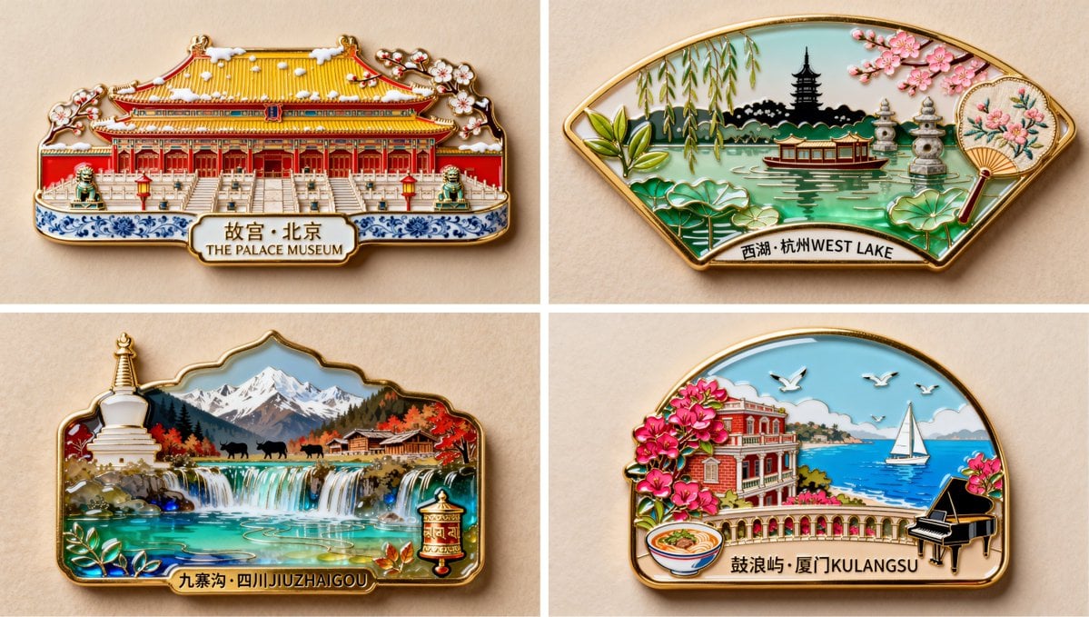 Illustration AI image prompt preview: 珐琅彩琉璃艺术风格,金属质感,制作一枚冰箱贴,写着"西湖·杭州 WEST LAKE"字样。冰箱贴以断桥拱形轮廓为基底外形,金色金属边框包边。画面描绘西湖经典风景:断桥残雪、湖面莲叶、楼外楼画舫、雷峰塔剪影、三潭印月石灯