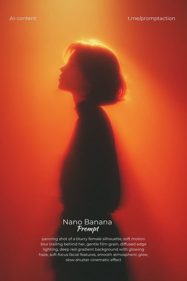 Photography AI image prompt preview: panning shot of a blurry female silhouette, soft motion blur trailing behind her, gentle film grain,