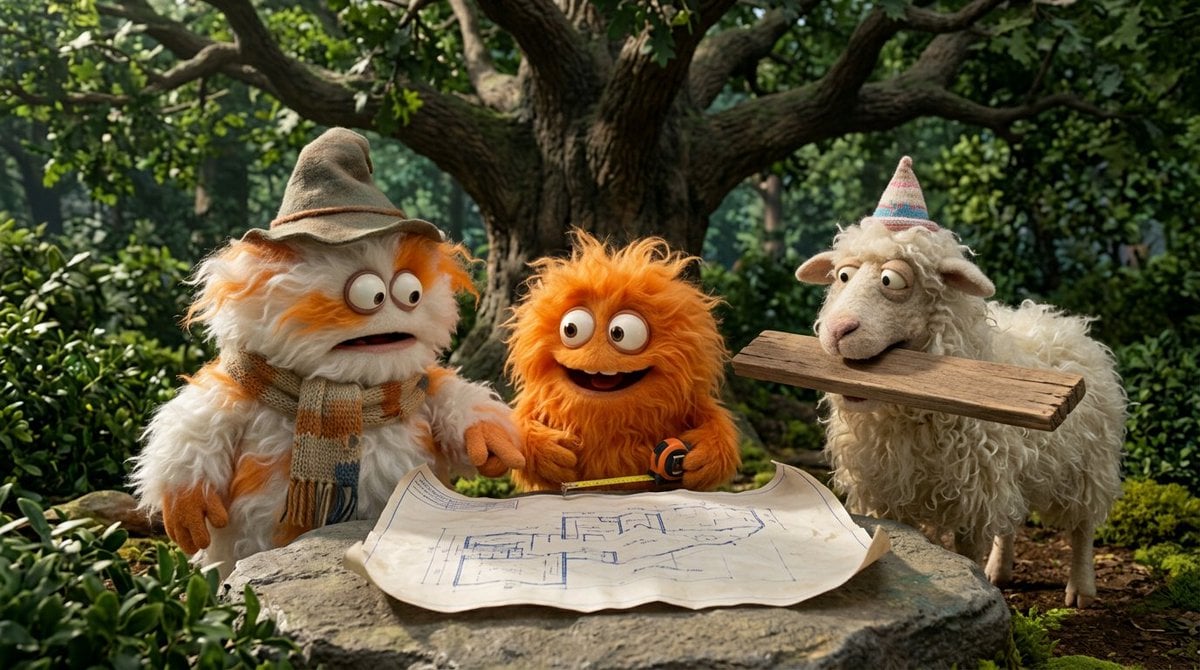 Illustration AI image prompt preview: Create a funny 4-part story featuring 3 fluffy creatures building a treehouse