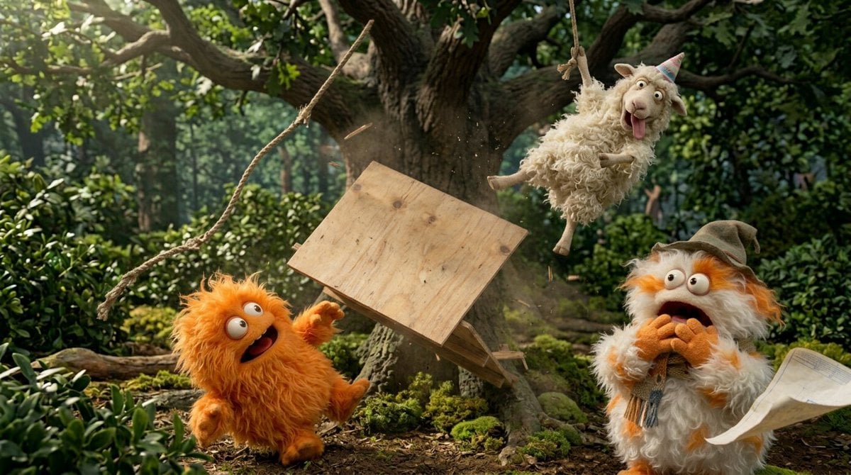 Illustration AI image prompt preview: Create a funny 4-part story featuring 3 fluffy creatures building a treehouse (image 2)