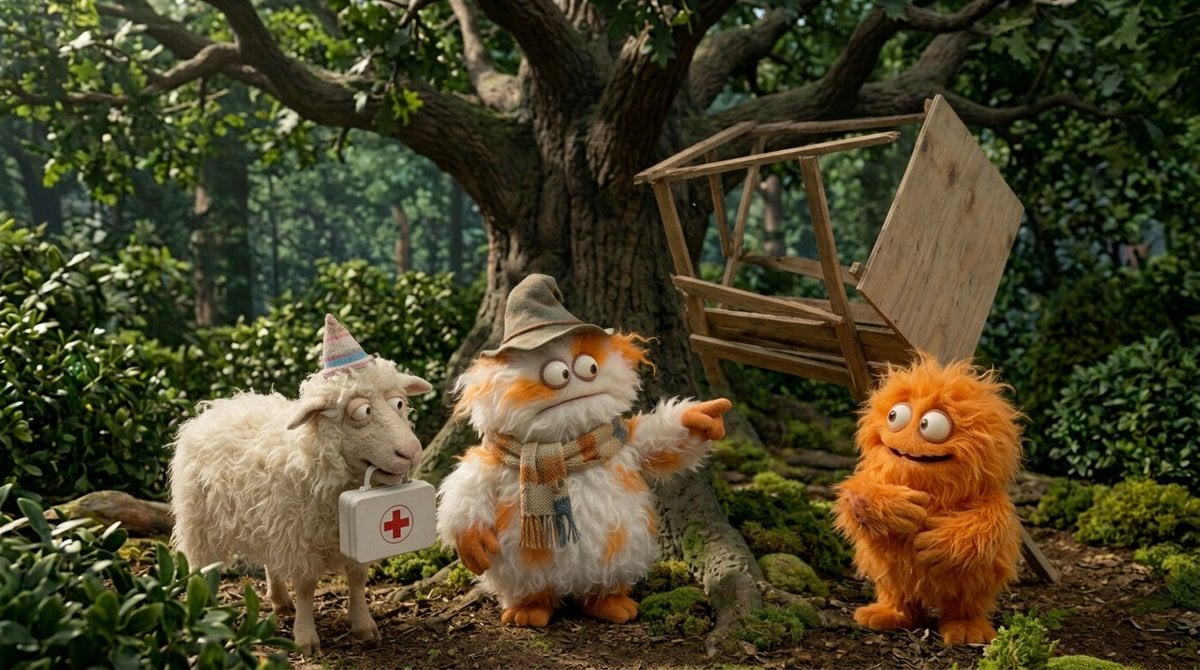 Illustration AI image prompt preview: Create a funny 4-part story featuring 3 fluffy creatures building a treehouse (image 3)