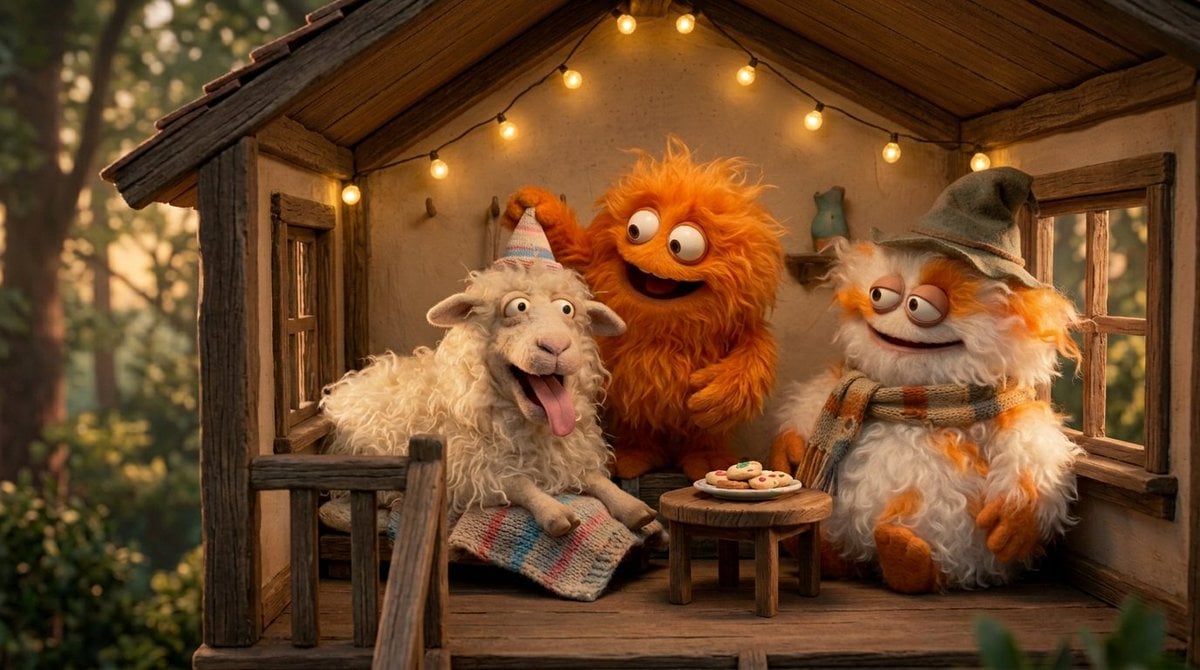 Illustration AI image prompt preview: Create a funny 4-part story featuring 3 fluffy creatures building a treehouse (image 4)