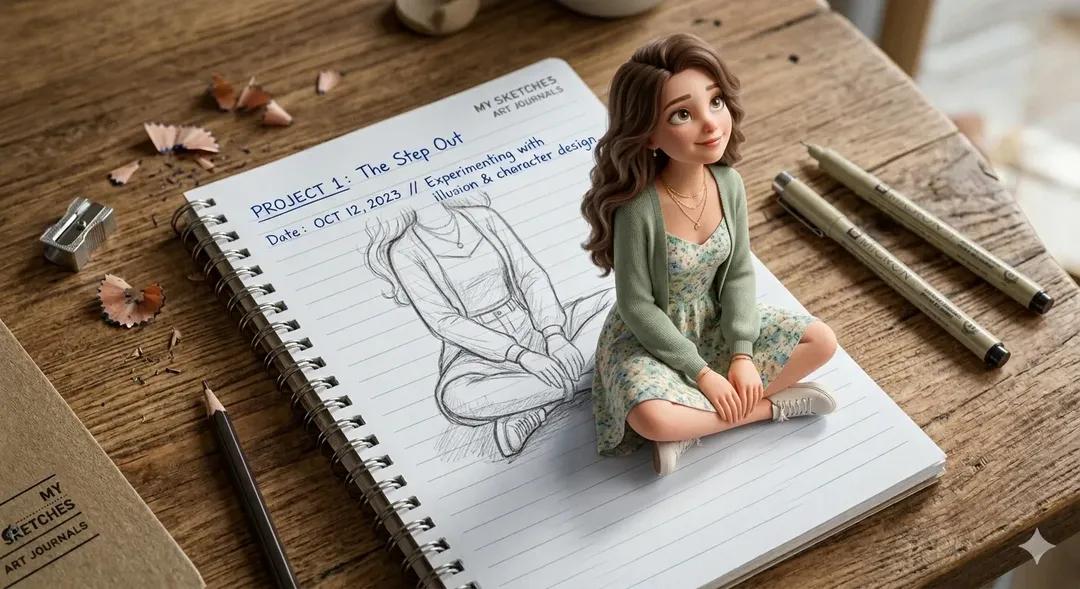 Illustration AI image prompt preview: A creative 3D illusion artwork of a cute young girl stepping out of a spiral notebook page placed on a (image 2)