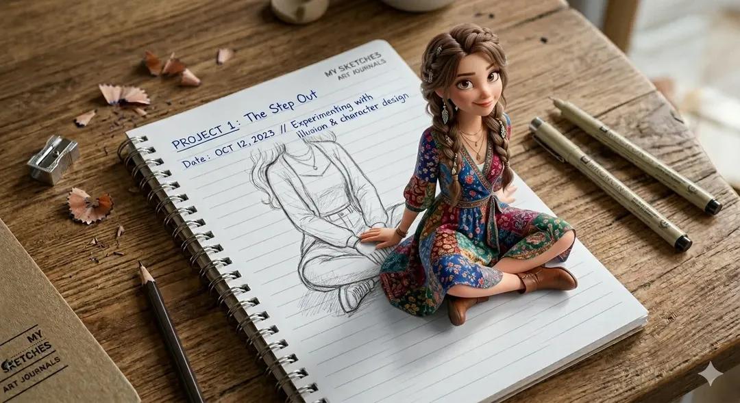 Illustration AI image prompt preview: A creative 3D illusion artwork of a cute young girl stepping out of a spiral notebook page placed on a (image 3)