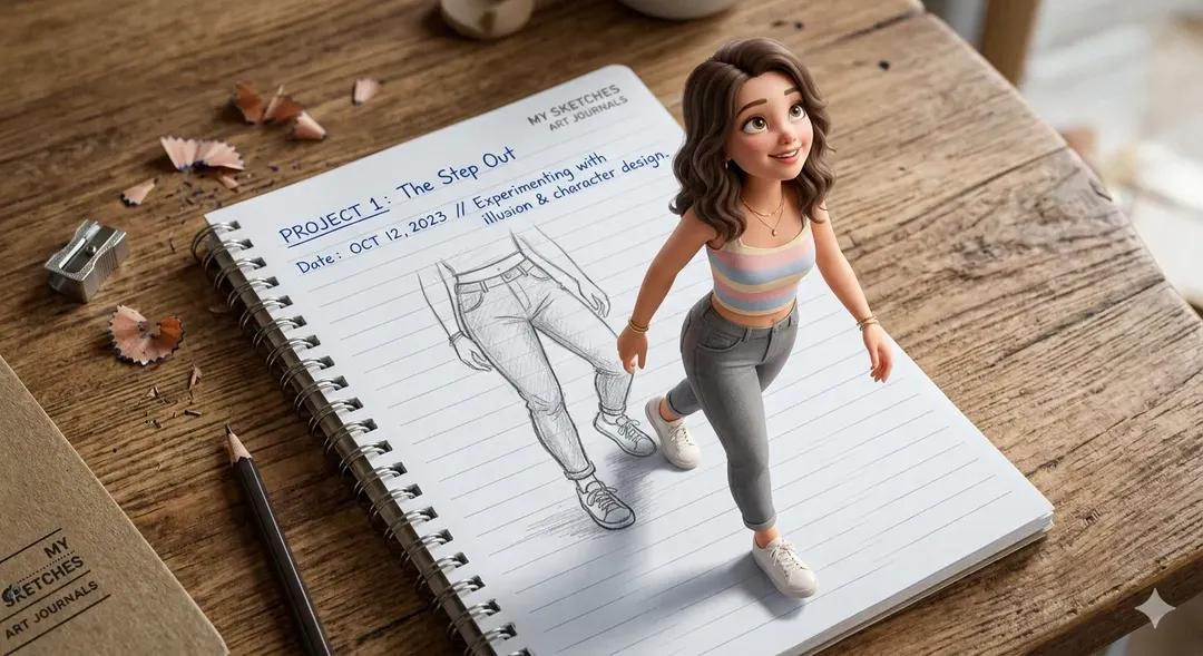 Illustration AI image prompt preview: A creative 3D illusion artwork of a cute young girl stepping out of a spiral notebook page placed on a (image 4)