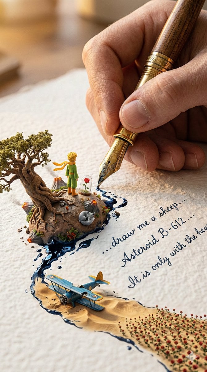 Illustration AI image prompt preview: A colossal hand gripping an enormous vintage fountain pen, captured in vertical portrait format (9:16),