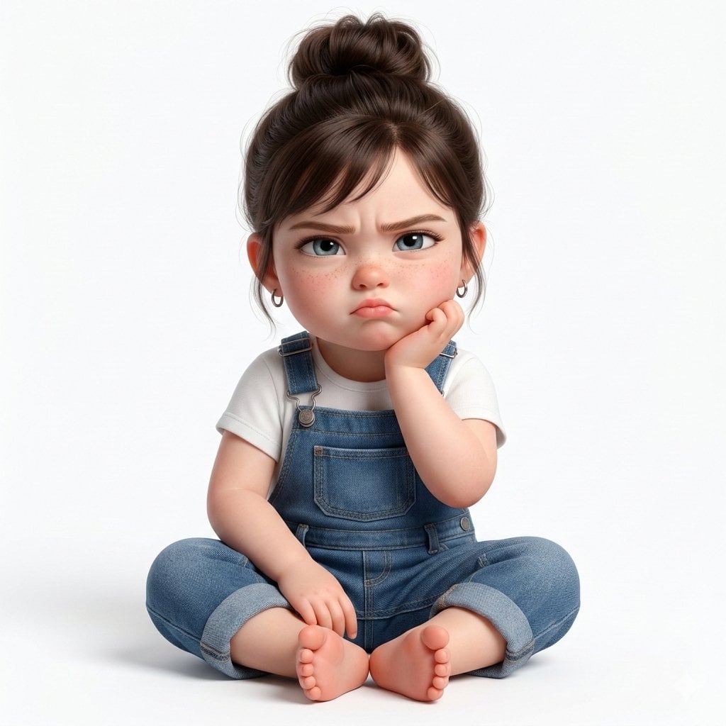 Illustration AI image prompt preview: Create a super cute, hyper-realistic 3D render of a toddler girl who is a younger version of the person in