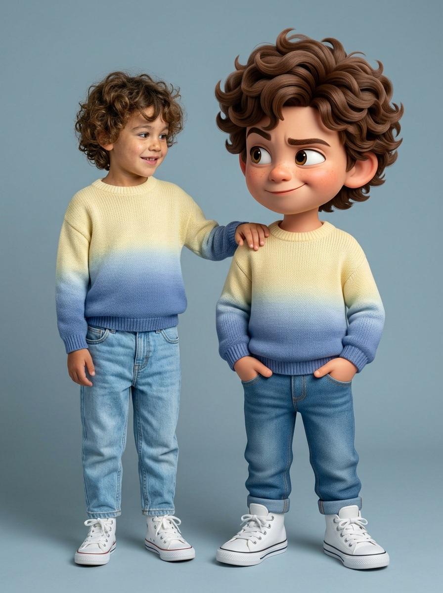 Illustration AI image prompt preview: Ultra-high-quality hyper-realistic photo featuring a real human and a giant 3D Pixar-style version of THE