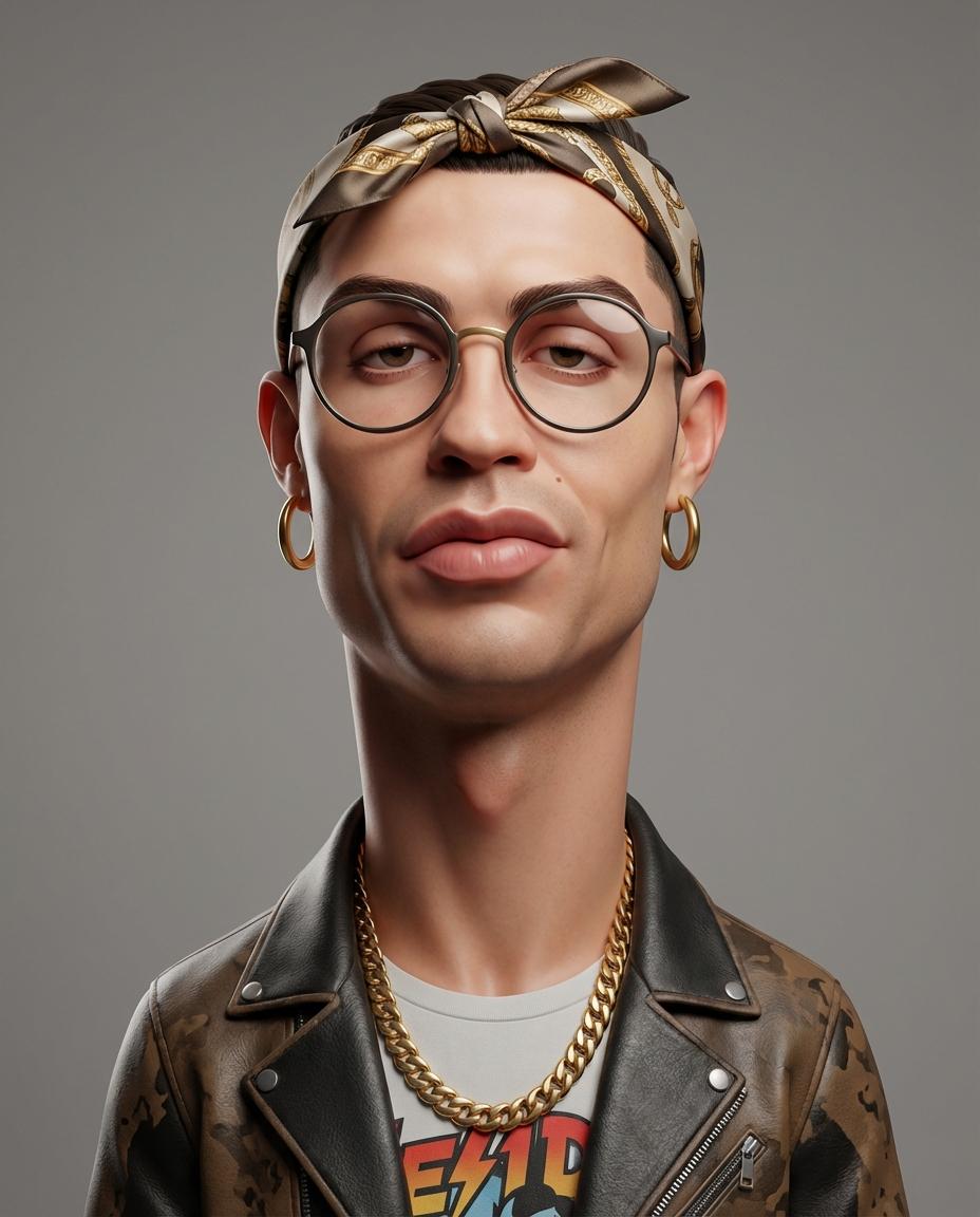 Illustration AI image prompt preview: Create an exaggerated stylized 3D caricature character portrait with strong intentional deformation and a