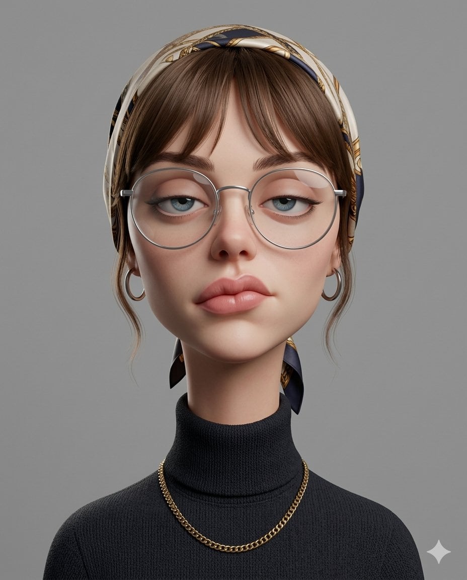 Illustration AI image prompt preview: Create an exaggerated stylized 3D caricature character portrait with strong intentional deformation and a (image 2)