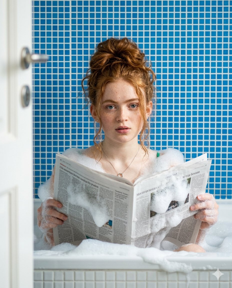 Photography AI image prompt preview: A young blonde Hollywood actress, similar to Sydney Sweeney, appears inside a bathtub filled with foam up (image 3)