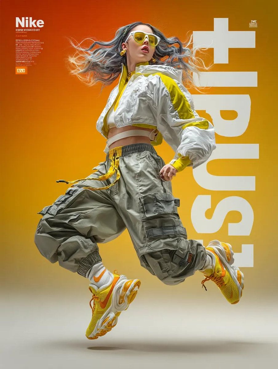 Text / Typography AI image prompt preview: A dynamic fashion advertisement for Nike showing a hyper-realistic model mid-twist jump, light trails (image 2)