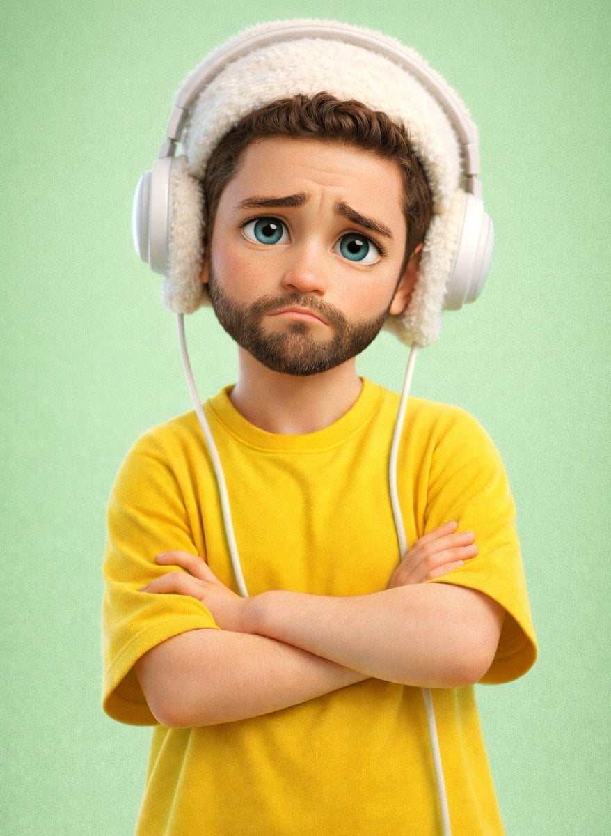 Illustration AI image prompt preview: A stylized 3D cartoon character of a [PERSON] with big expressive eyes and a slightly sad, pouty (image 2)