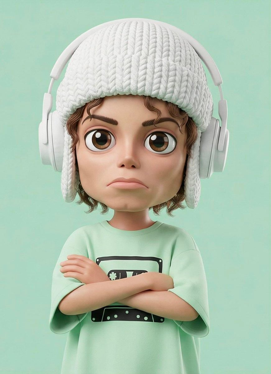 Illustration AI image prompt preview: A stylized 3D cartoon character of a [PERSON] with big expressive eyes and a slightly sad, pouty (image 3)