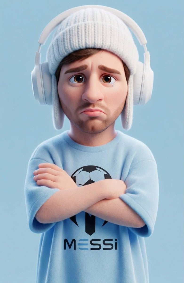 Illustration AI image prompt preview: A stylized 3D cartoon character of a [PERSON] with big expressive eyes and a slightly sad, pouty (image 4)