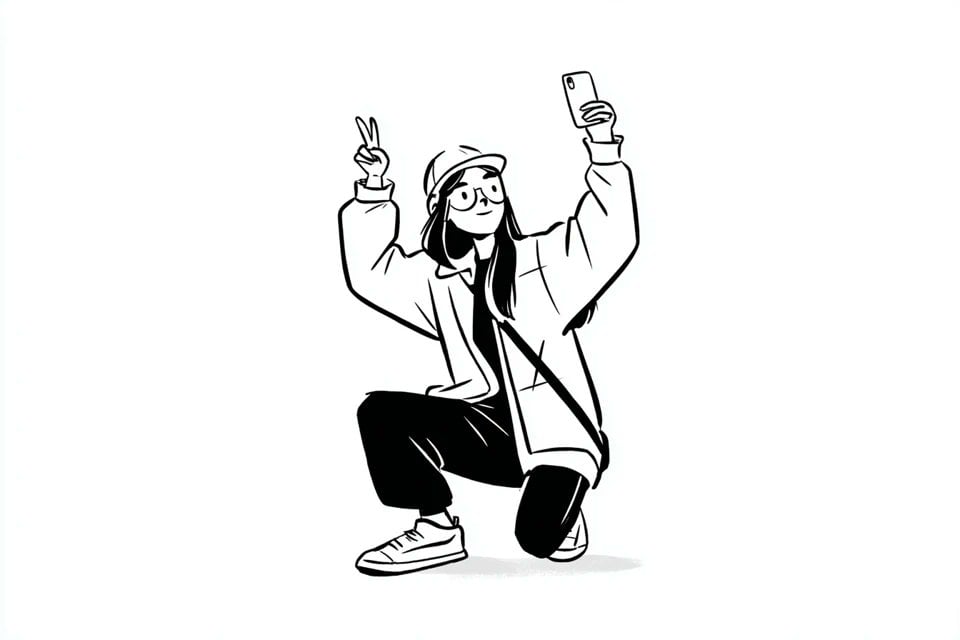 Illustration AI image prompt preview: A simple black-and-white illustration of a [subject] in [outfit], [doing action], with a [facial