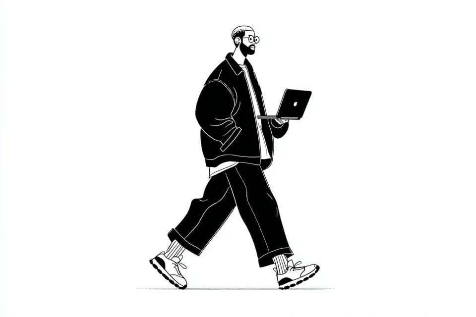 Illustration AI image prompt preview: A simple black-and-white illustration of a [subject] in [outfit], [doing action], with a [facial (image 3)