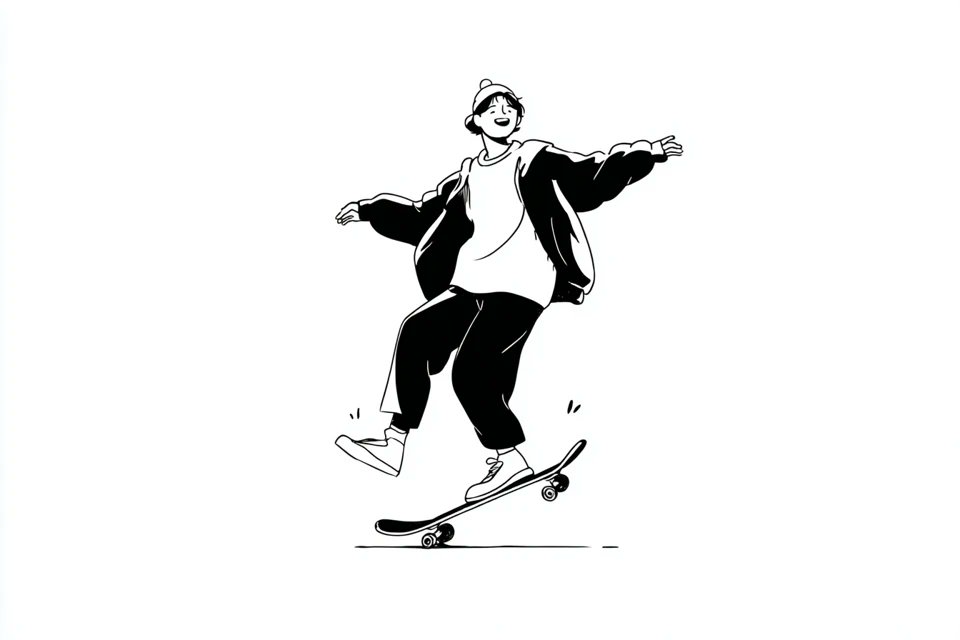 Illustration AI image prompt preview: A simple black-and-white illustration of a [subject] in [outfit], [doing action], with a [facial (image 4)