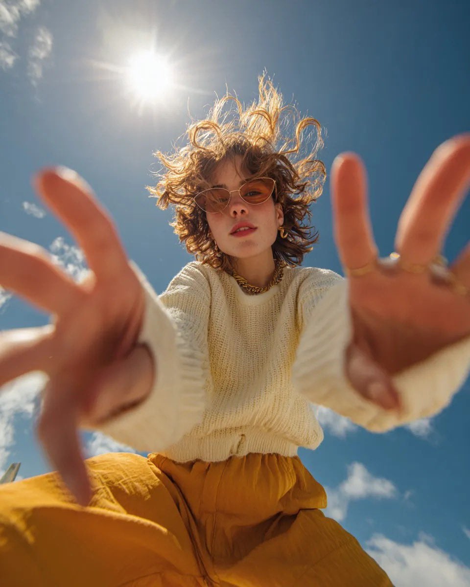 Photography AI image prompt preview: Ultra wide-angle low-angle portrait shot from ground perspective, young woman leaning over camera, hands (image 2)