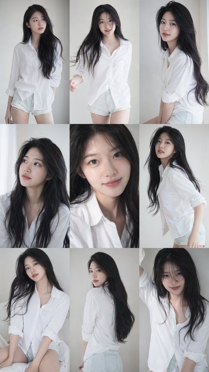 Photography AI image prompt preview: 9:16 vertical — a 3x3 grid collage (nine images) forming a Korean idol portrait photoshoot series